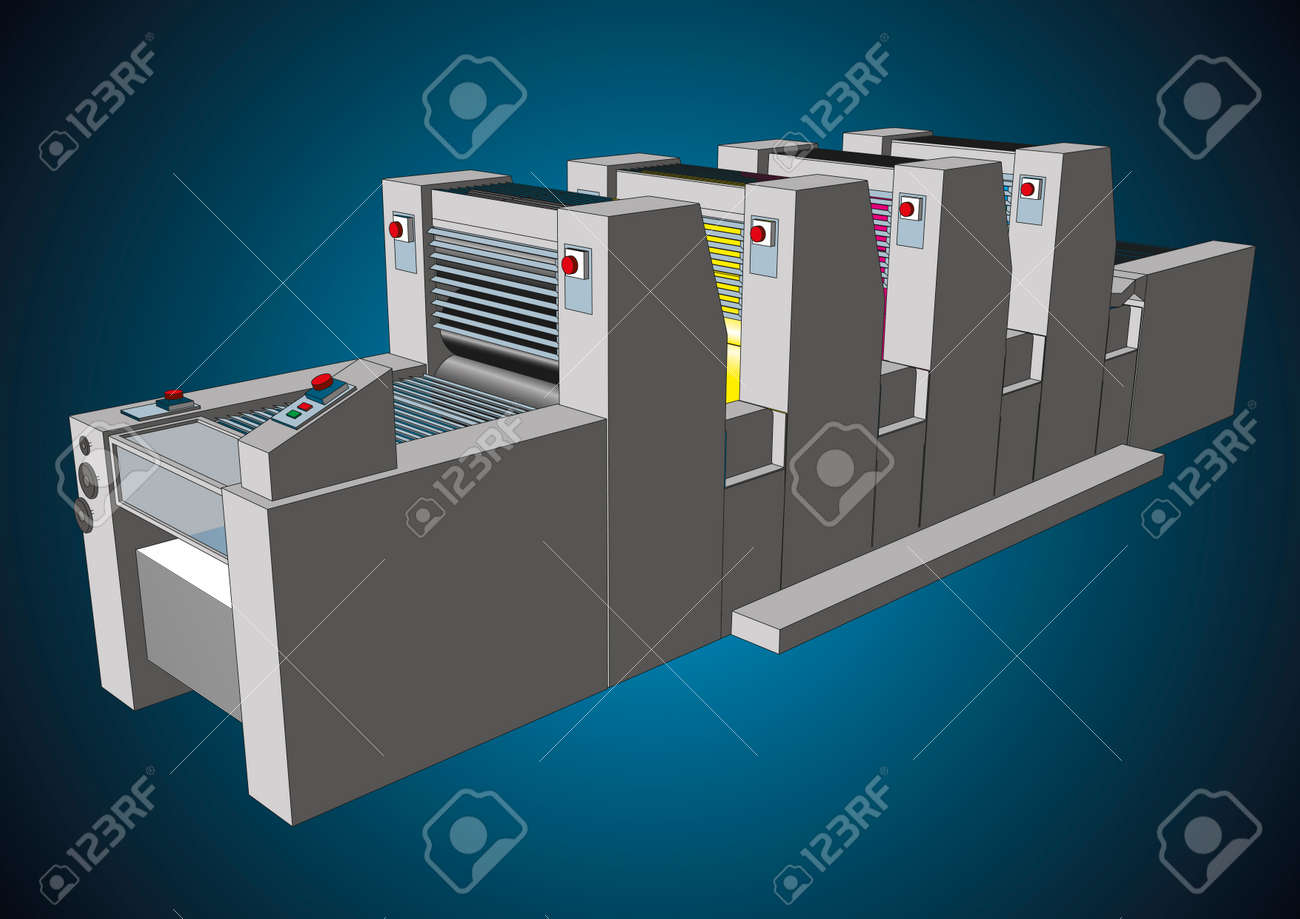 広告 出版 印刷メディアのグラフィック アートに使用するモダンな 4 色印刷機 Cmyk プロセス ベクトル図のイラスト素材 ベクタ Image