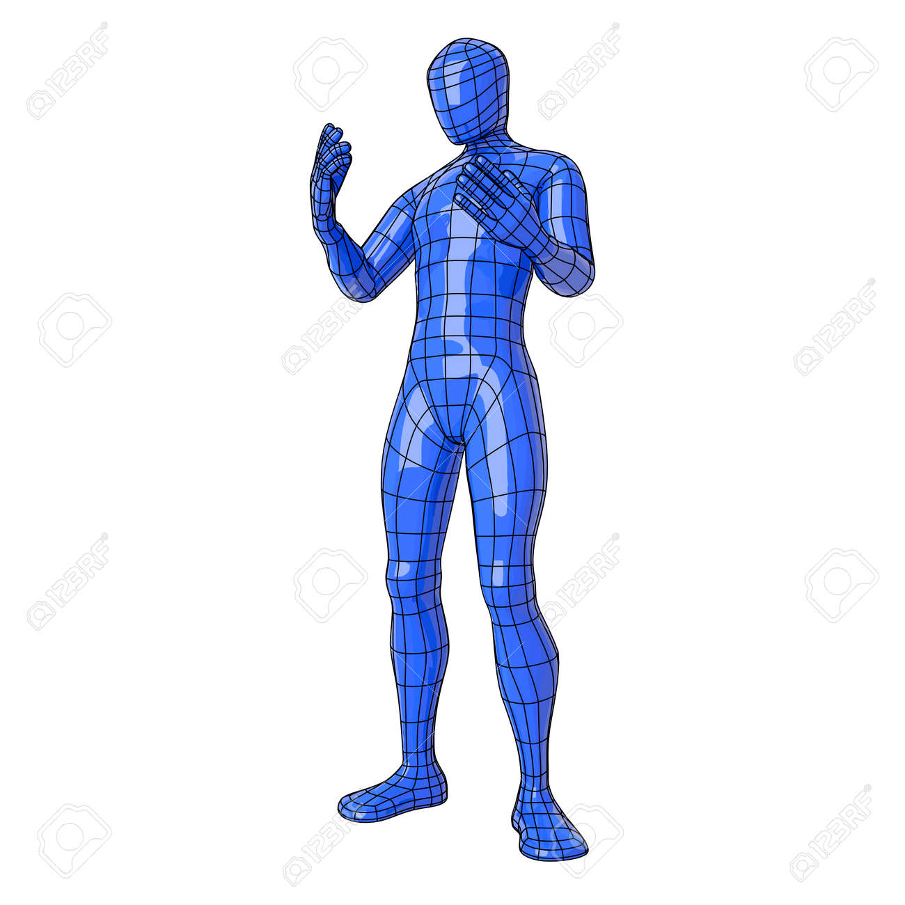 futuristic wireframe human figure pointing with his hand to