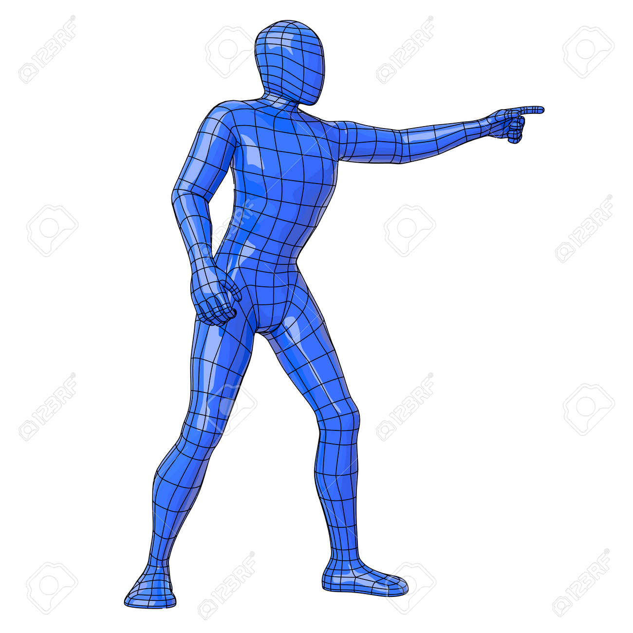 futuristic wireframe human figure pointing with his hand to