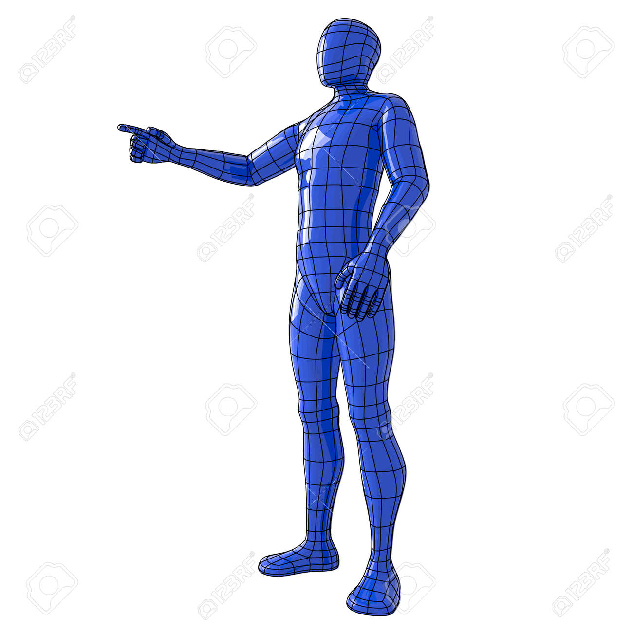 futuristic wireframe human figure pointing with his hand to