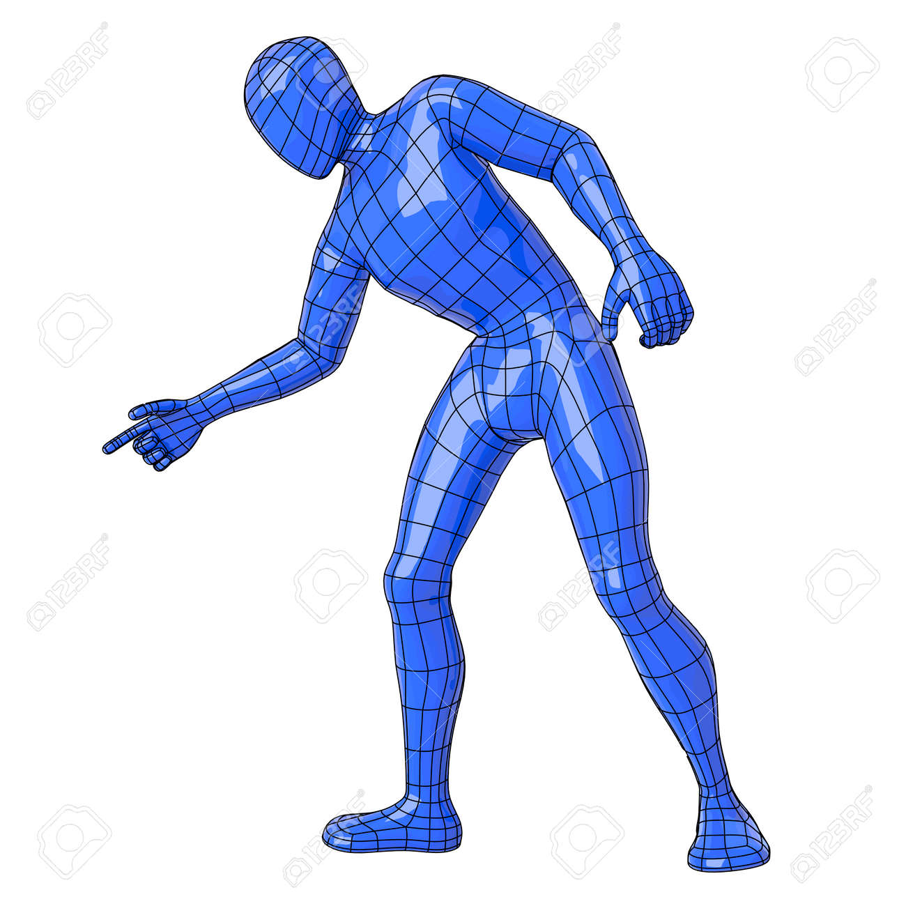 futuristic wireframe human figure pointing down vector illustration