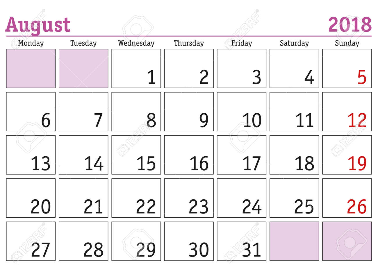 単純なデジタル カレンダー 8 月 18 ベクトル印刷可能なカレンダー 毎月のスケジューラ 週は月曜日に始まります 英語カレンダー のイラスト素材 ベクタ Image