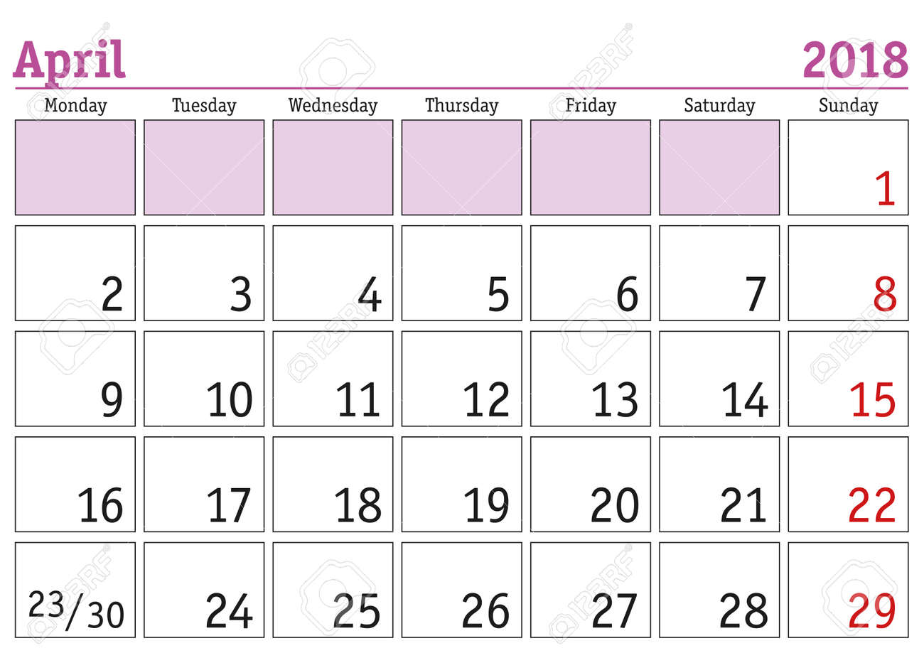 blank calendar april 2018