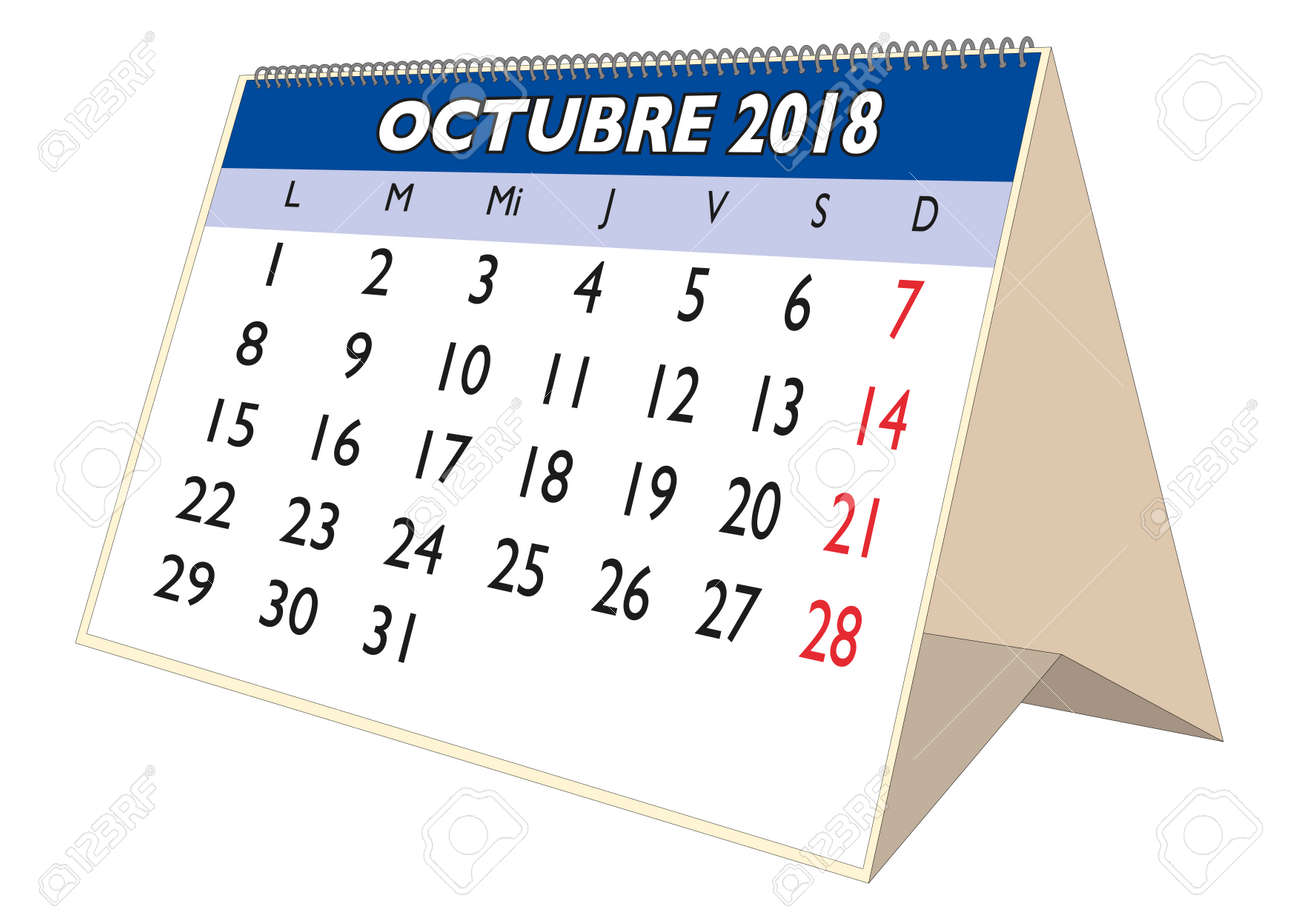 october sheet in an spanish desk calendar for year 2018 monthly