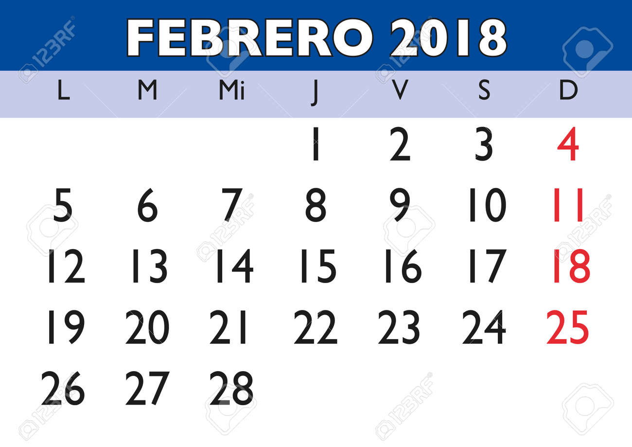スペイン語で 18 年壁掛けカレンダーの 2 月 18 年 2 月 カレンダー 18 のイラスト素材 ベクタ Image スペイン語で 18 年壁掛けカレンダーの 2 月 18 年 2 月 カレンダー 18 のイラスト素材 ベクタ Image