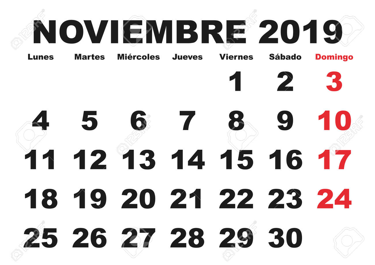 スペイン語で年 19 壁カレンダーの 11 月 ノビエンブレ19 カレンダーオ 19 のイラスト素材 ベクタ Image