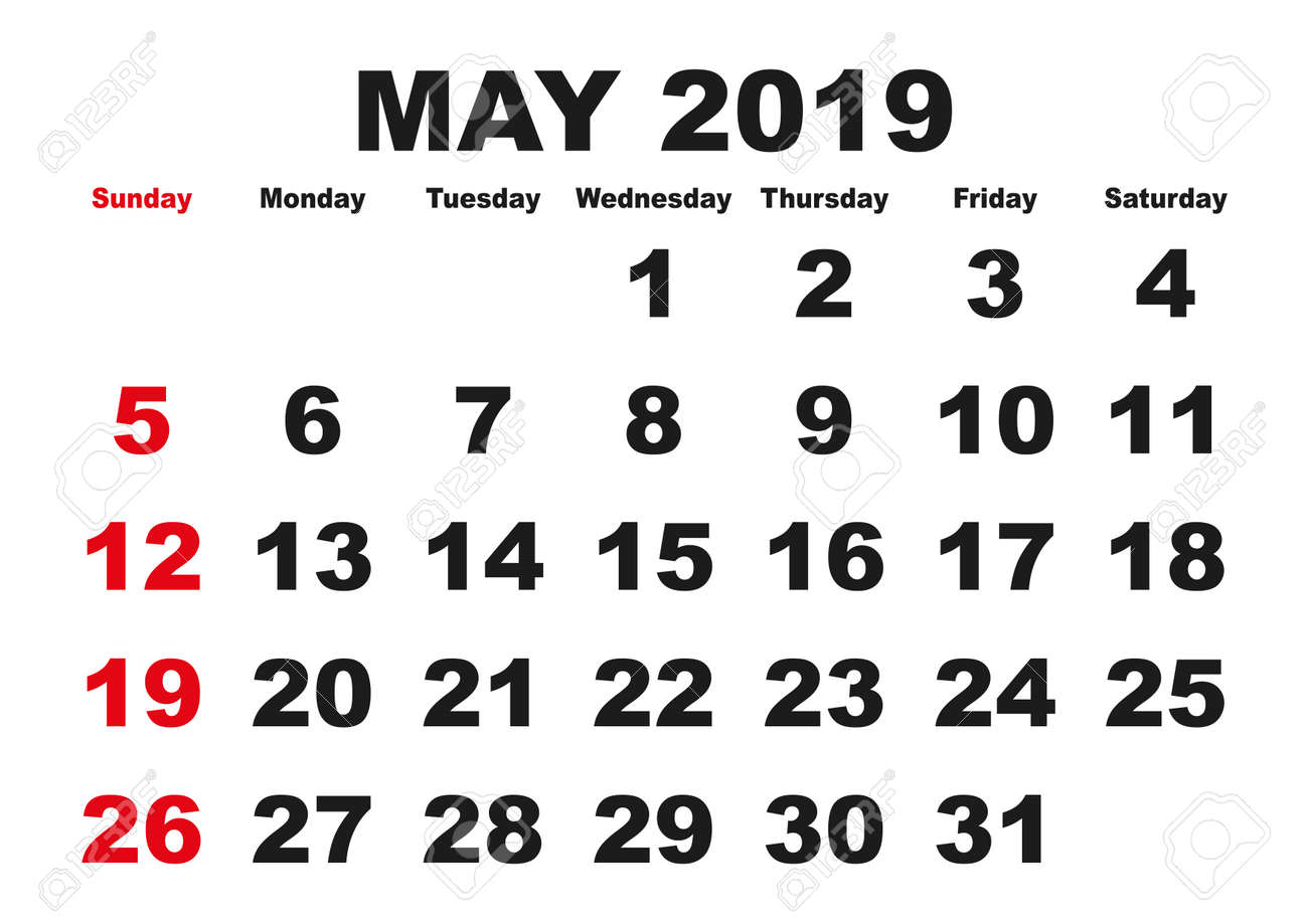 2019 Calendar May Month. Vector Printable Calendar. Monthly Scheduler. Week  Starts On Sunday. English Calendar Royalty Free SVG, Cliparts, Vectors, And  Stock Illustration. Image 93678925.