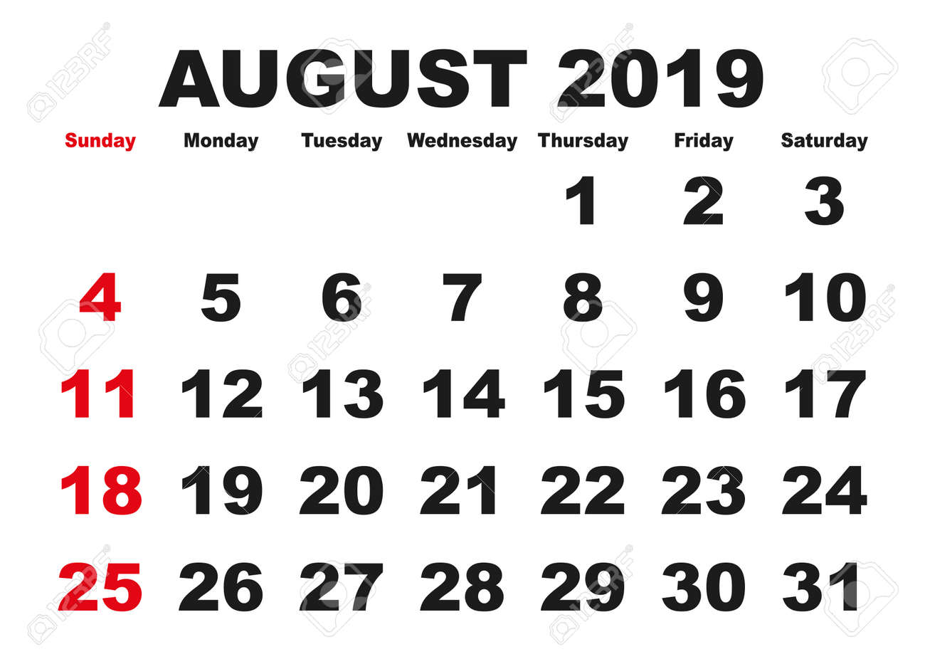 2019 Calendar August Month. Vector Printable Calendar. Monthly Scheduler.  Week Starts On Sunday. English Calendar Royalty Free SVG, Cliparts,  Vectors, And Stock Illustration. Image 93678936.
