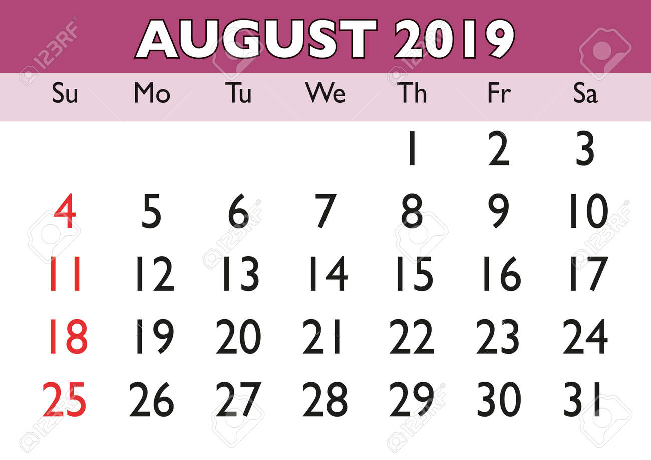 2019 Calendar August Month. Vector Printable Calendar. Monthly Scheduler.  Week Starts On Sunday. English Calendar Royalty Free SVG, Cliparts,  Vectors, And Stock Illustration. Image 117713276.