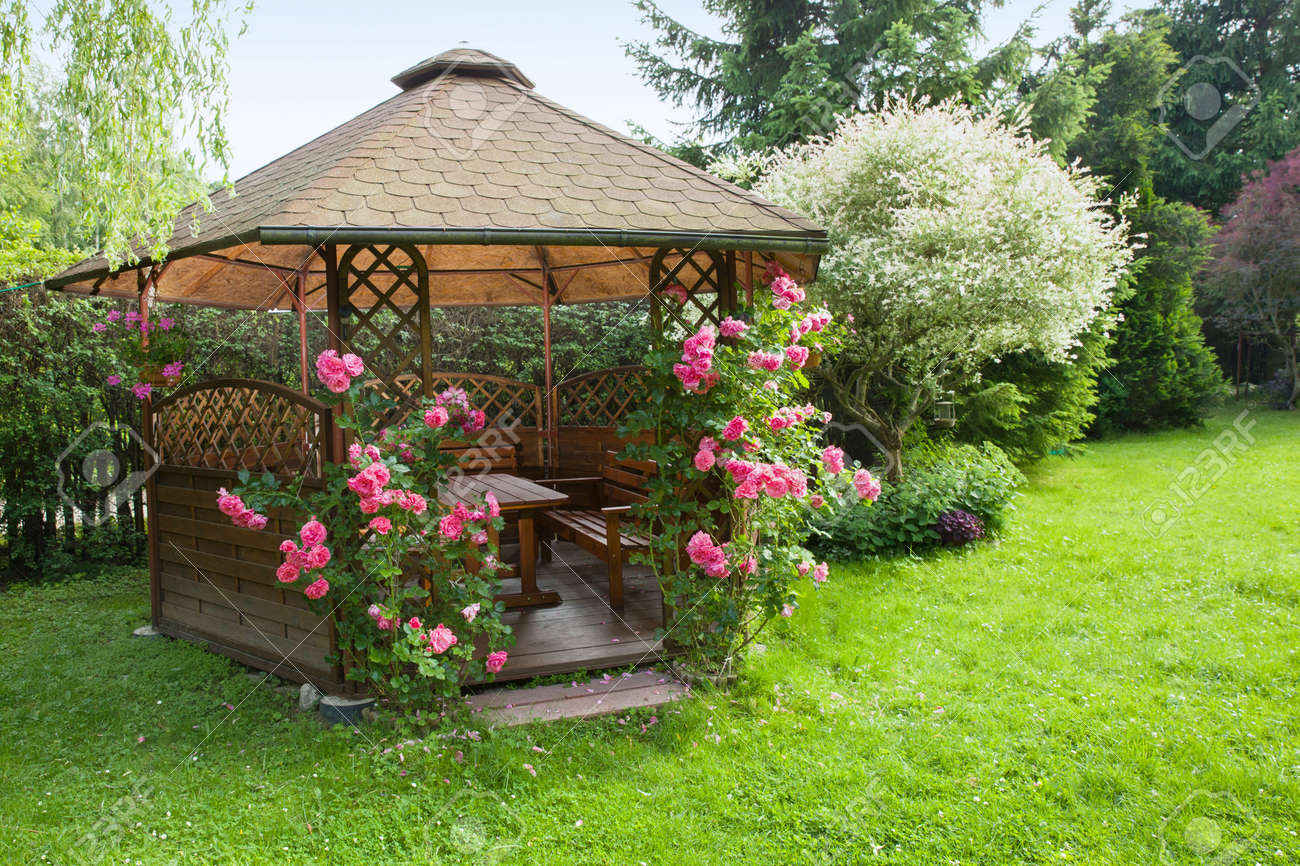 Outdoor Wooden Gazebo With Roses And Summer Landscape Background Stock Photo 60075823 Outdoor Wooden Gazebo With Roses And Summer Landscape Background Stock Photo 60075823