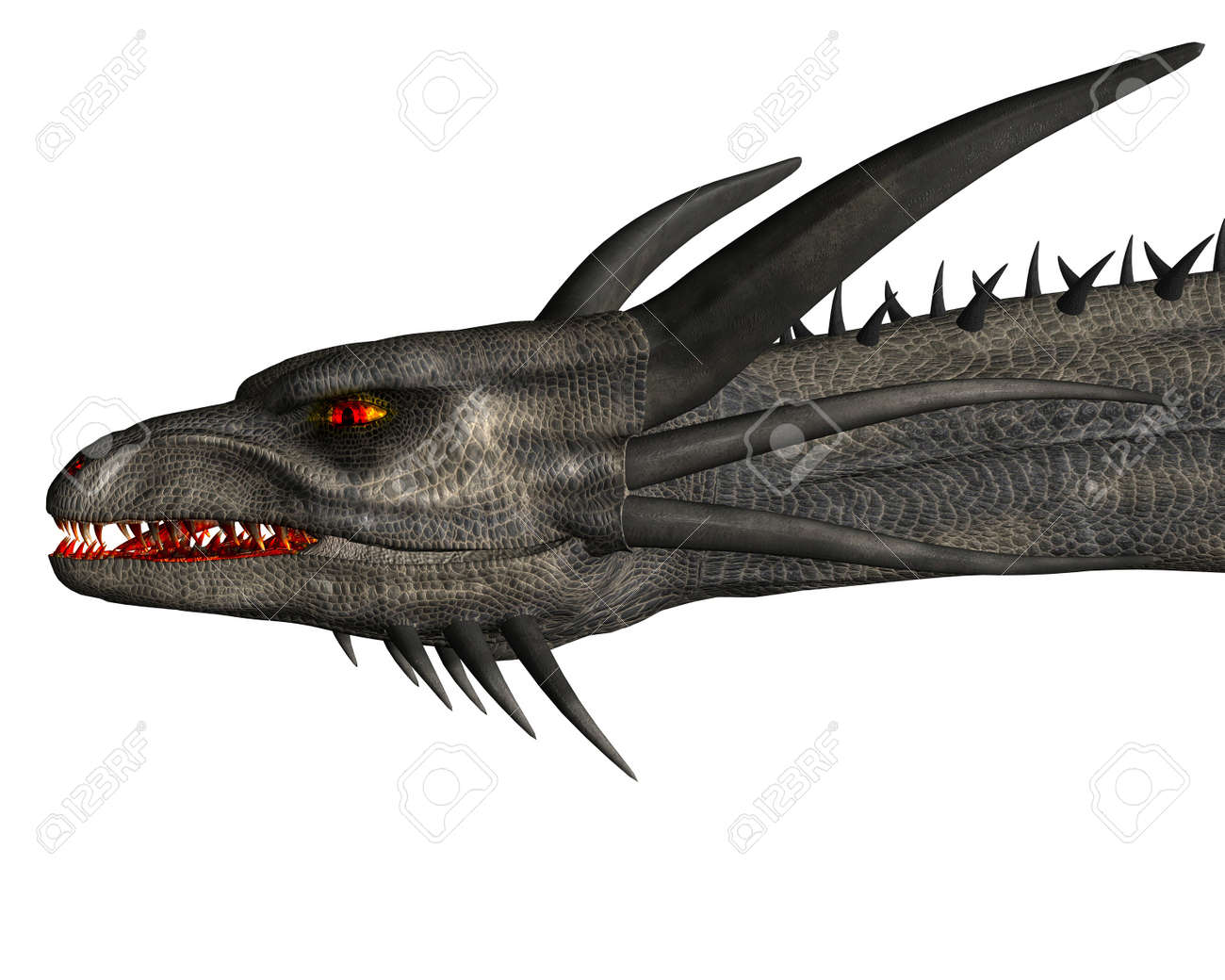 クローズ アップ表示牙とデジタル 3 D の目に反映炎で灰色のドラゴン表示図 の写真素材 画像素材 Image