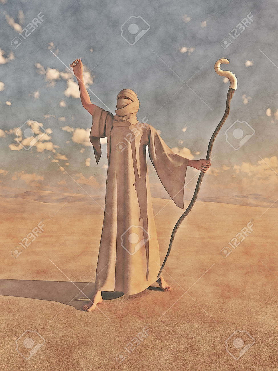 ローブの砂漠の遊牧民の魔法使いまたは魔術師魔法のスタッフでの水彩スタイルのイラスト 3 D Digitallly 表示図デジタル イラスト 絵画またはフィルタ リングの写真 の写真素材 画像素材 Image