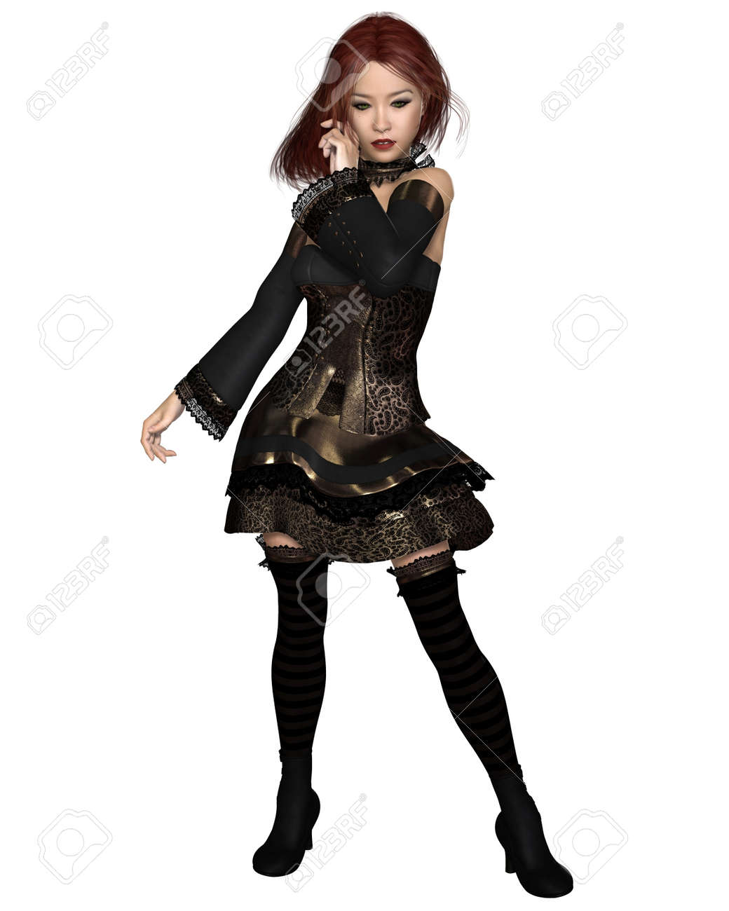 金とレースのドレスとストッキング 3 D レンダリングされたデジタル イラストレーションの赤髪ゴス少女のイラスト の写真素材 画像素材 Image