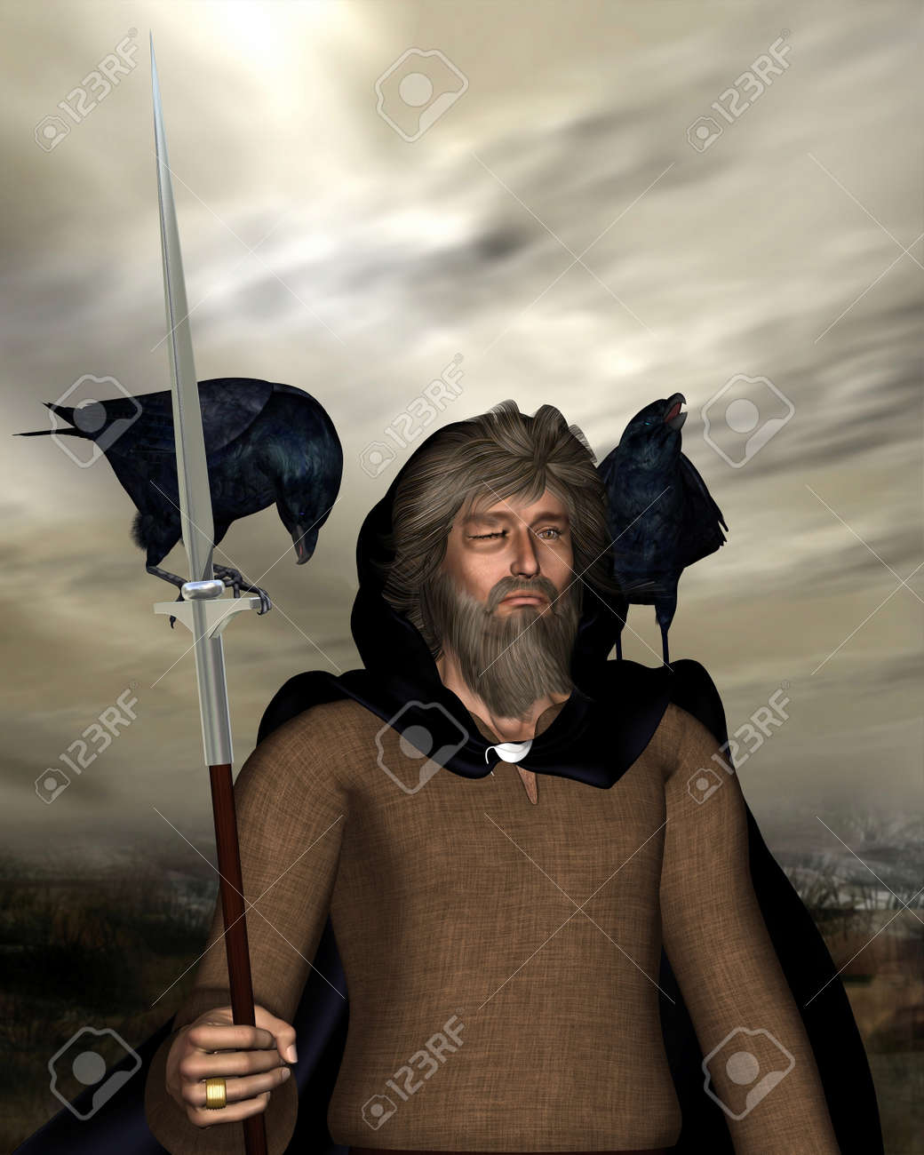 北欧神話で槍で片目の主神オーディンの肖像画イラスト の写真素材 画像素材 Image