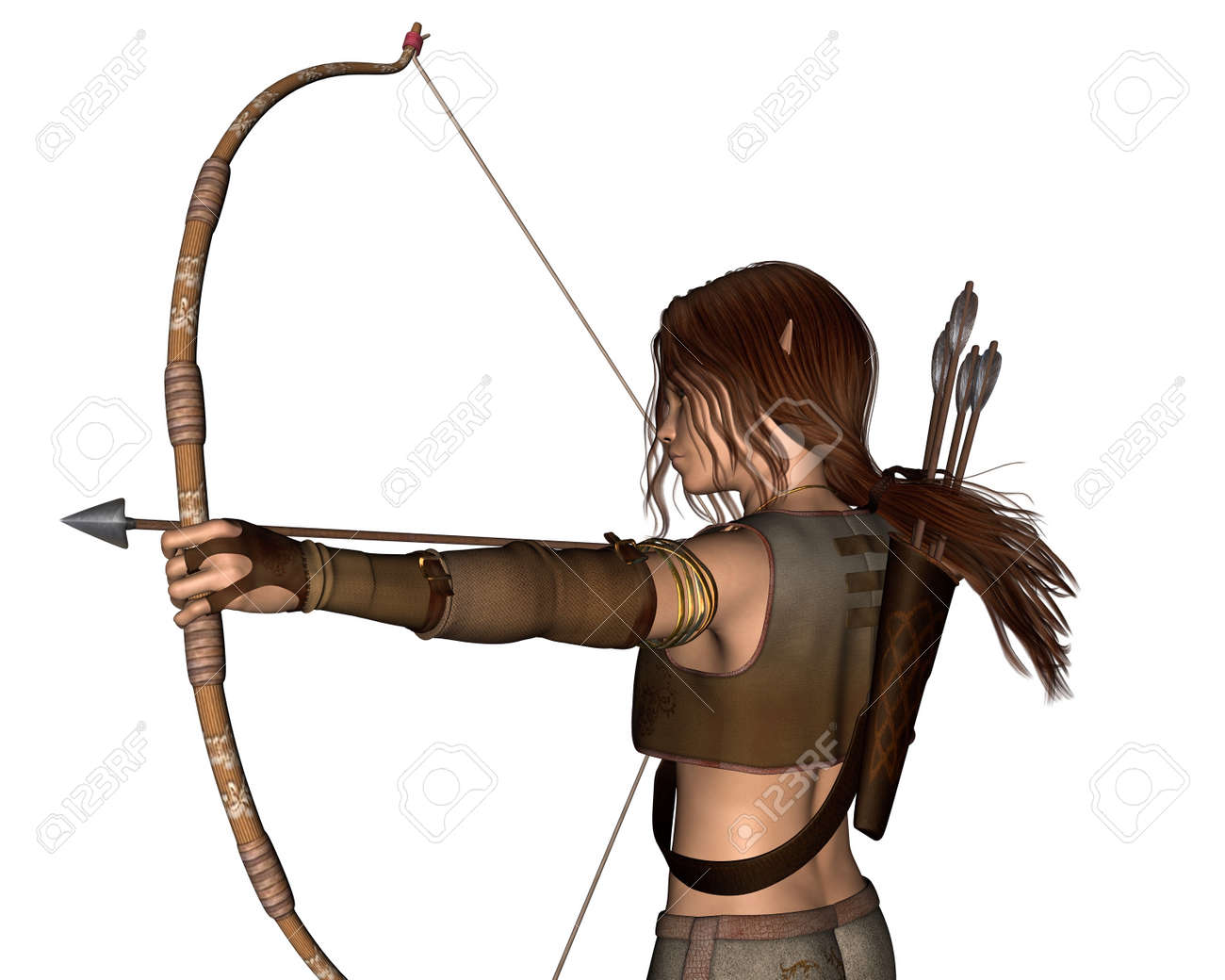 若い男性エルフ弓の弓と矢 3 D デジタル狩猟のファンタジー肖像図表示の図 の写真素材 画像素材 Image
