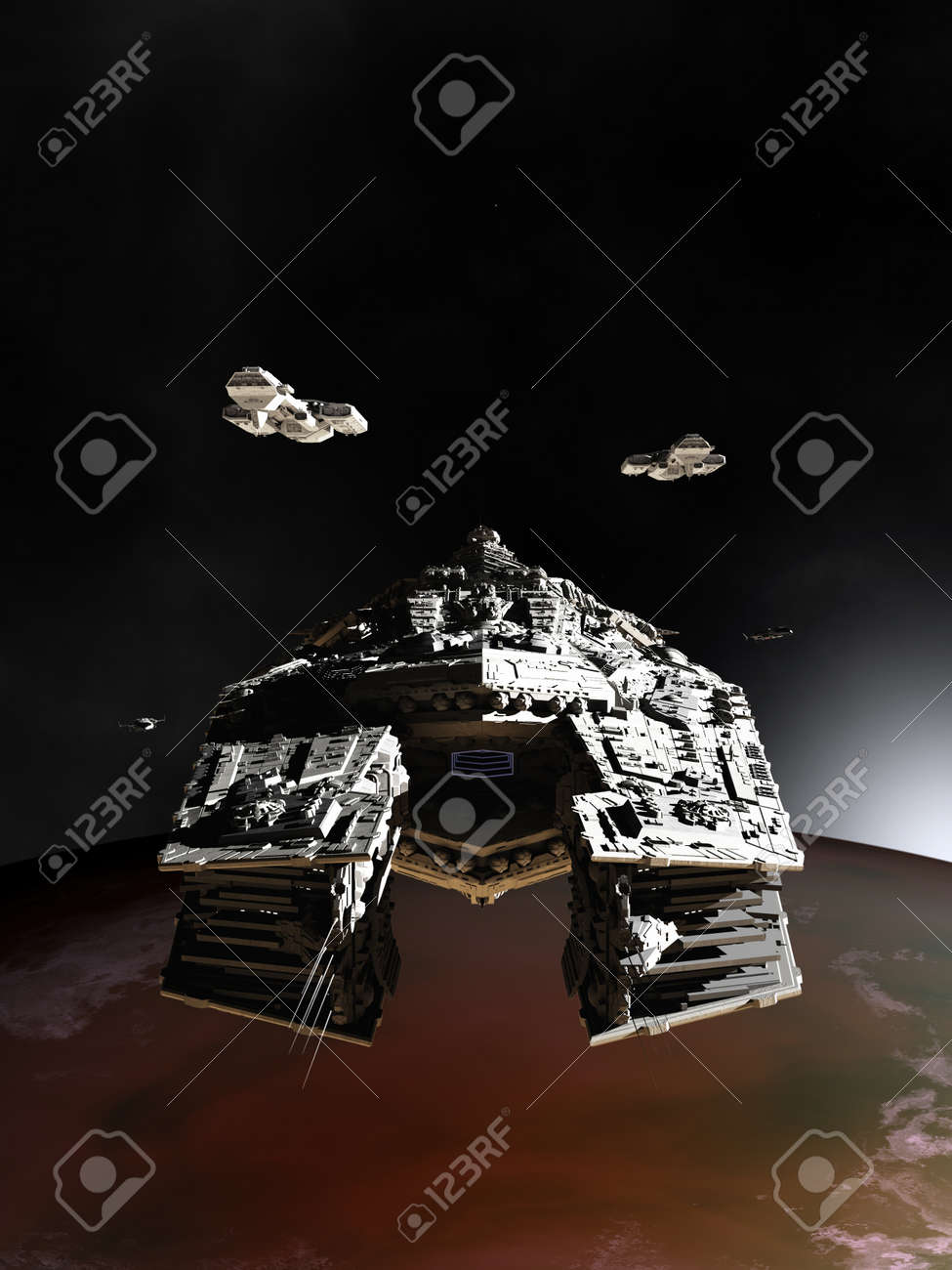エイリアンの惑星の 3 D レンダリングされたデジタル イラストの周りの軌道上での宇宙船の空想科学小説イラスト の写真素材 画像素材 Image