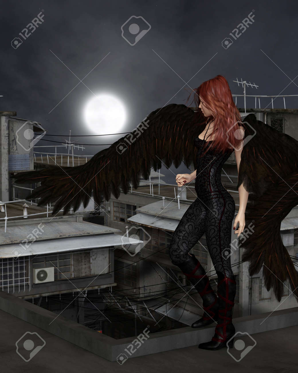 デジタル 3 D 満月の暗い夜に市屋上に立っている女性の都市守護天使のファンタジー イラスト描画図 の写真素材 画像素材 Image