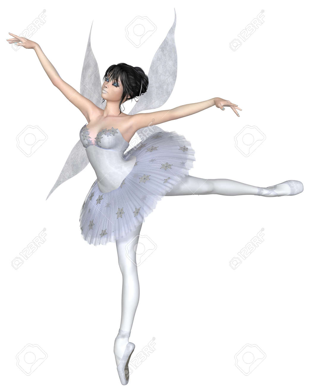 クラシック バレエのチュチュを身に着けていると デジタル 3 D アラベスクのポーズで立っている 暗い髪スノーフレーク妖精バレリーナのイラスト表示図 の写真素材 画像素材 Image