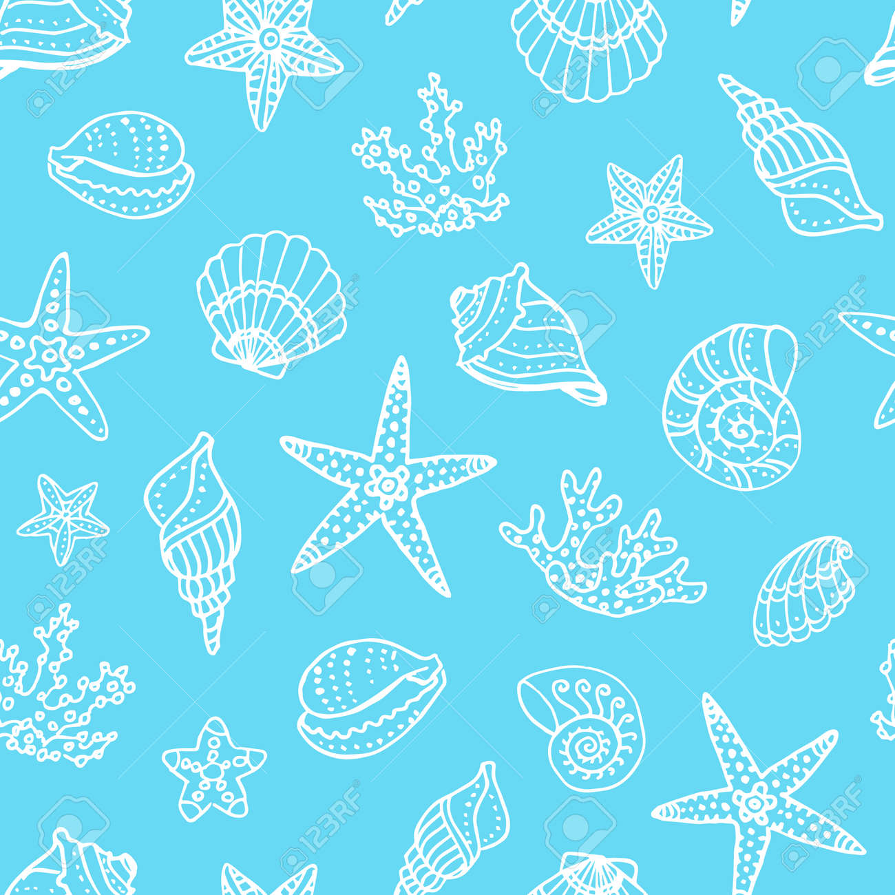 落書き貝殻 サンゴ ヒトデのシームレスなパターン 手には ベクター グラフィックが描画されます のイラスト素材 ベクタ Image