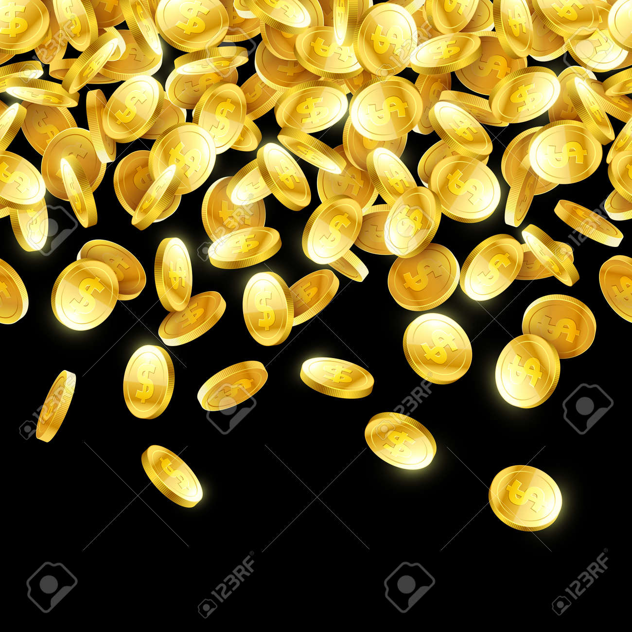 落下 3 D 金貨コイン水平方向にシームレスなイラストの雨黒の背景にのイラスト素材・ベクター Image 74405356