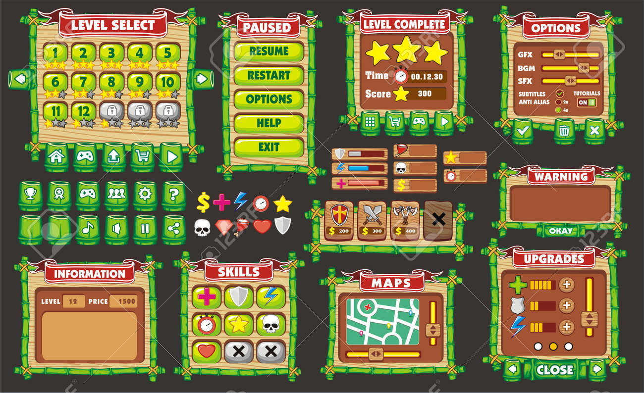ゲームのユーザーインターフェイスのデザイン ゲームを作成するための基本的なボタンと機能 ステータスバーと漫画のスタイルで 面白いグラフィックのguiの背景のイラストのイラスト素材 ベクタ Image