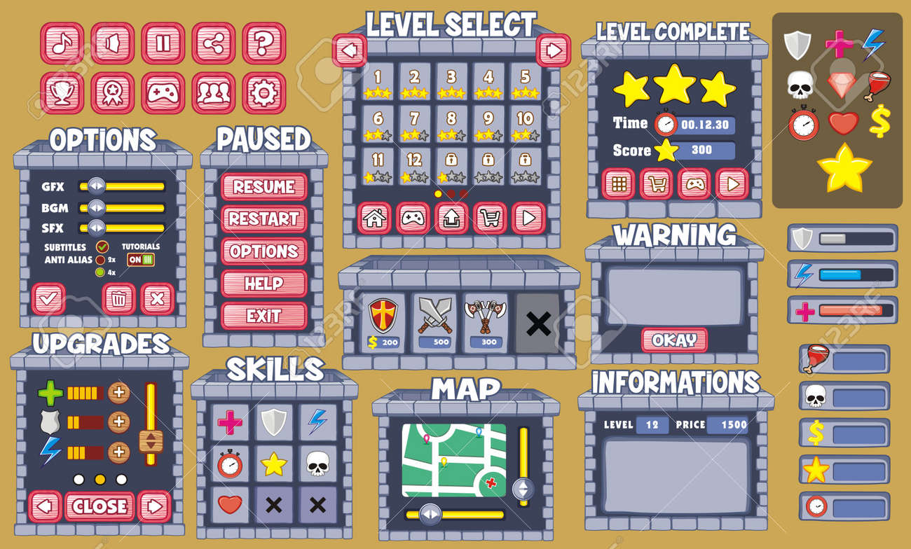 ゲームのユーザーインターフェイスのデザイン ゲームを作成するための基本的なボタンと機能 ステータスバーと漫画のスタイルで 面白いグラフィックのguiの 背景のイラスト のイラスト素材 ベクタ Image
