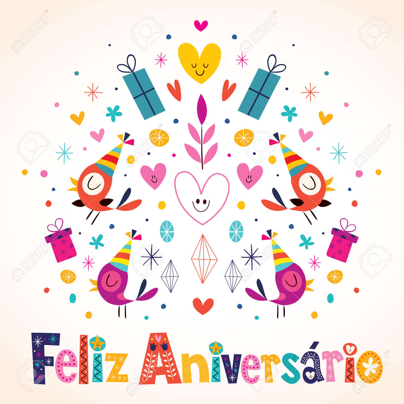 Tarjeta De Feliz Aniversario Portugues Brasileno Feliz Cumpleanos Ilustraciones Vectoriales Clip Art Vectorizado Libre De Derechos Image