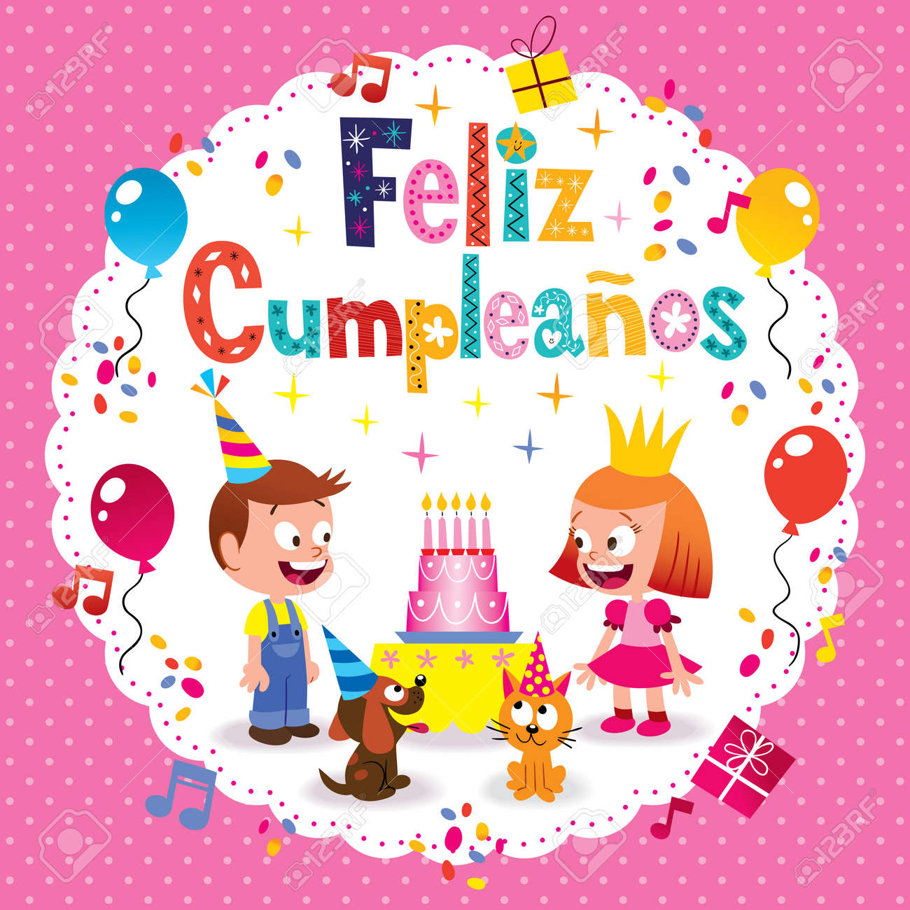 フェリス Cumpleanos スペイン語の子供のカードで幸せな誕生日 のイラスト素材 ベクタ Image