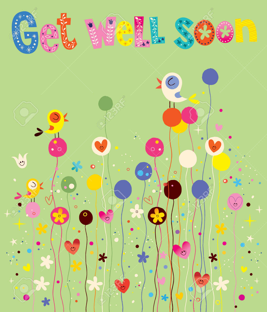 get well soon card with birds flowers and hearts royalty free