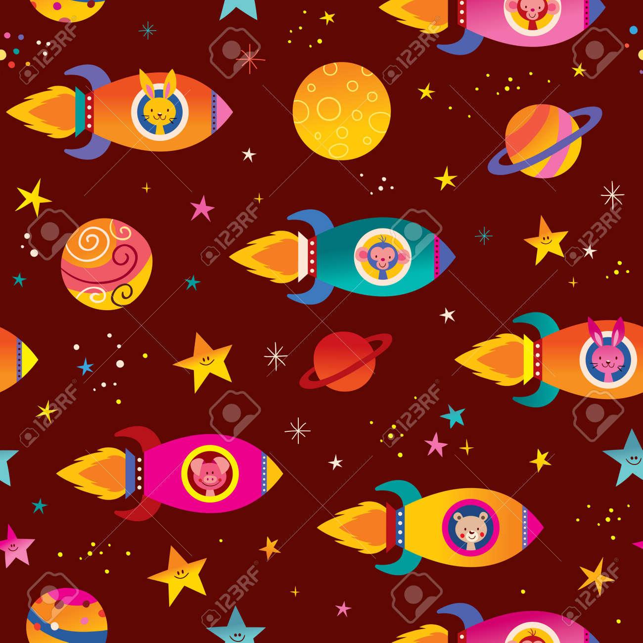 宇宙船の子供でかわいい動物空間のシームレスなパターンのイラスト素材 ベクタ Image 宇宙船の子供でかわいい動物空間のシームレスなパターンのイラスト素材 ベクタ Image