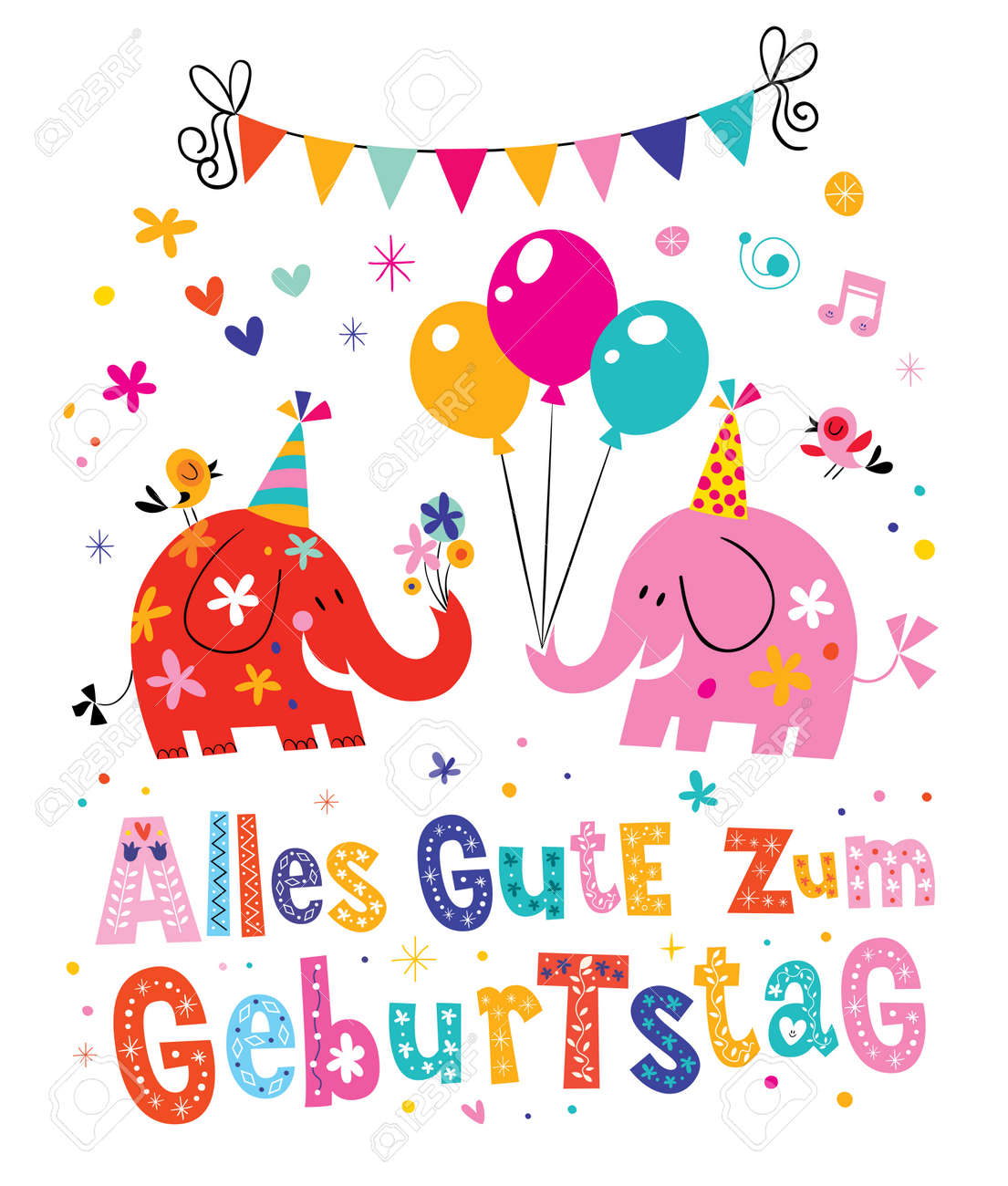 Alles Gute Zum Geburtstag Deutsch Allemand Bonne Carte De Voeux D Anniversaire Avec Les Elephants Mignons Clip Art Libres De Droits Svg Vecteurs Et Illustration Image