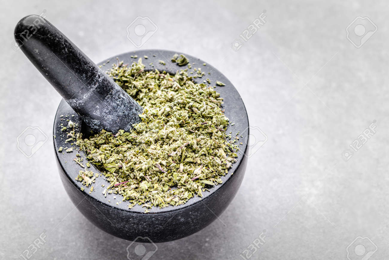 Herbal Tea Or Dry Herb In Mortar Top View Of Aromatic Spice Stock Photo Picture And Royalty Free Image Image 124574517