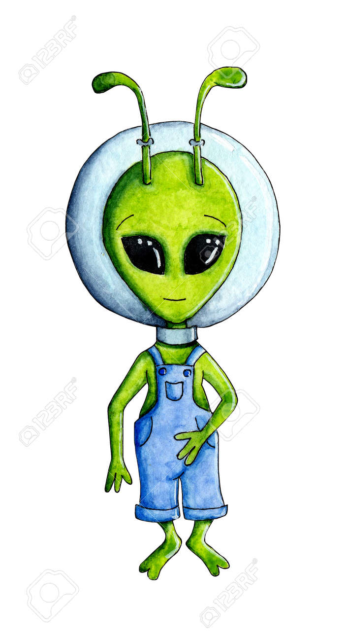 Ilustración Acuarela De Un Extraterrestre Verde Con Grandes Ojos Negros Y Antenas En La Cabeza. Vestido Con Un Overol De Mezclilla Y Un Traje Espacial En La Cabeza. Imagen Divertida De Los Ilustración Acuarela De Un Extraterrestre Verde Con Grandes Ojos Negros Y Antenas En La Cabeza. Vestido Con Un Overol De Mezclilla Y Un Traje Espacial En La Cabeza. Imagen Divertida De Los