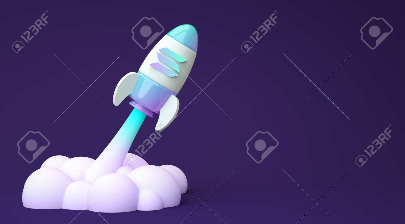 Solana To The Moon, Bullish Altcoin SOL Cryptocurrency. Solana Token Crypto  Currency Icon In A Rocket With Copy Space Background In 3D Rendering.  Blockchain Technology Concept Stock Photo, Picture and Royalty Free