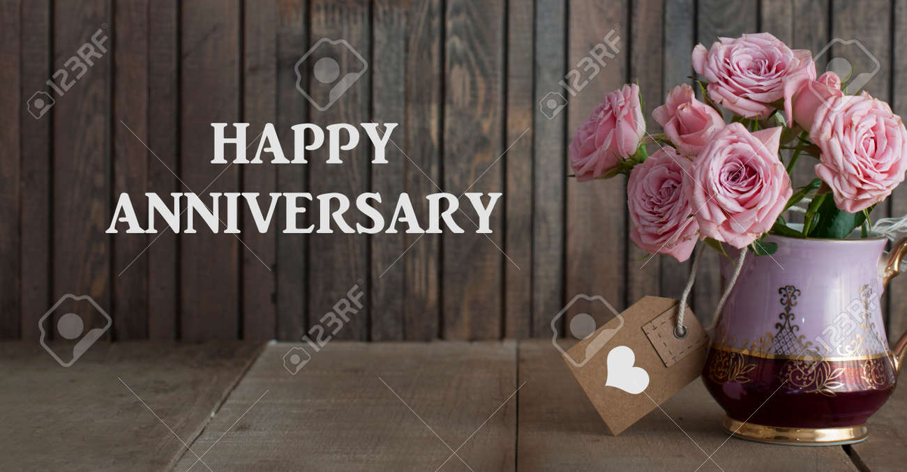Happy Anniversary Greeting Card With Blooming Roses Bouquet In Stock Photo Picture And Royalty Free Image Image 78274591