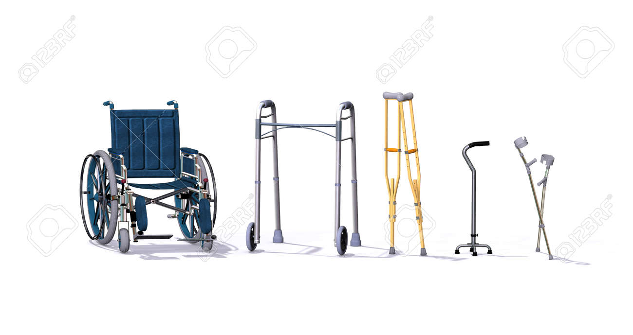 Una colección de ayudas para la movilidad incluyendo una silla de ruedas, andador, muletas, bastón de cuatro patas, y muletas 3d. Una colección de ayudas para la movilidad incluyendo una silla de ruedas, andador, muletas, bastón de cuatro patas, y muletas 3d.