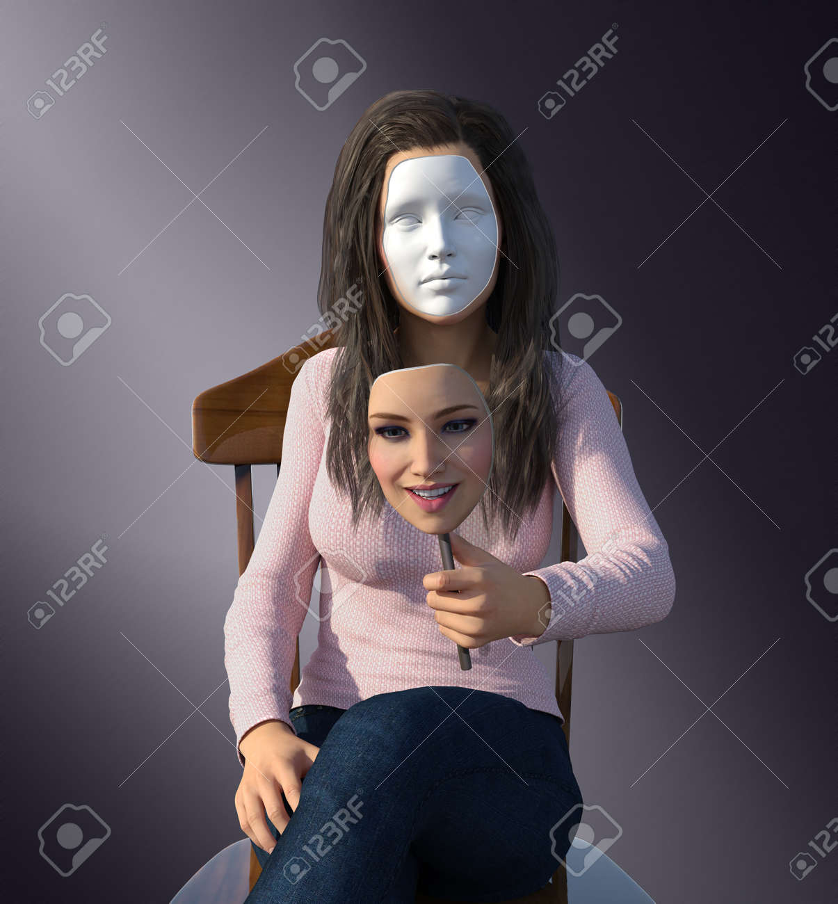 3d Rendu Representant Une Femme Qui Cache Ses Vrais Sentiments Derriere Un Masque Banque D Images Et Photos Libres De Droits Image 82544601