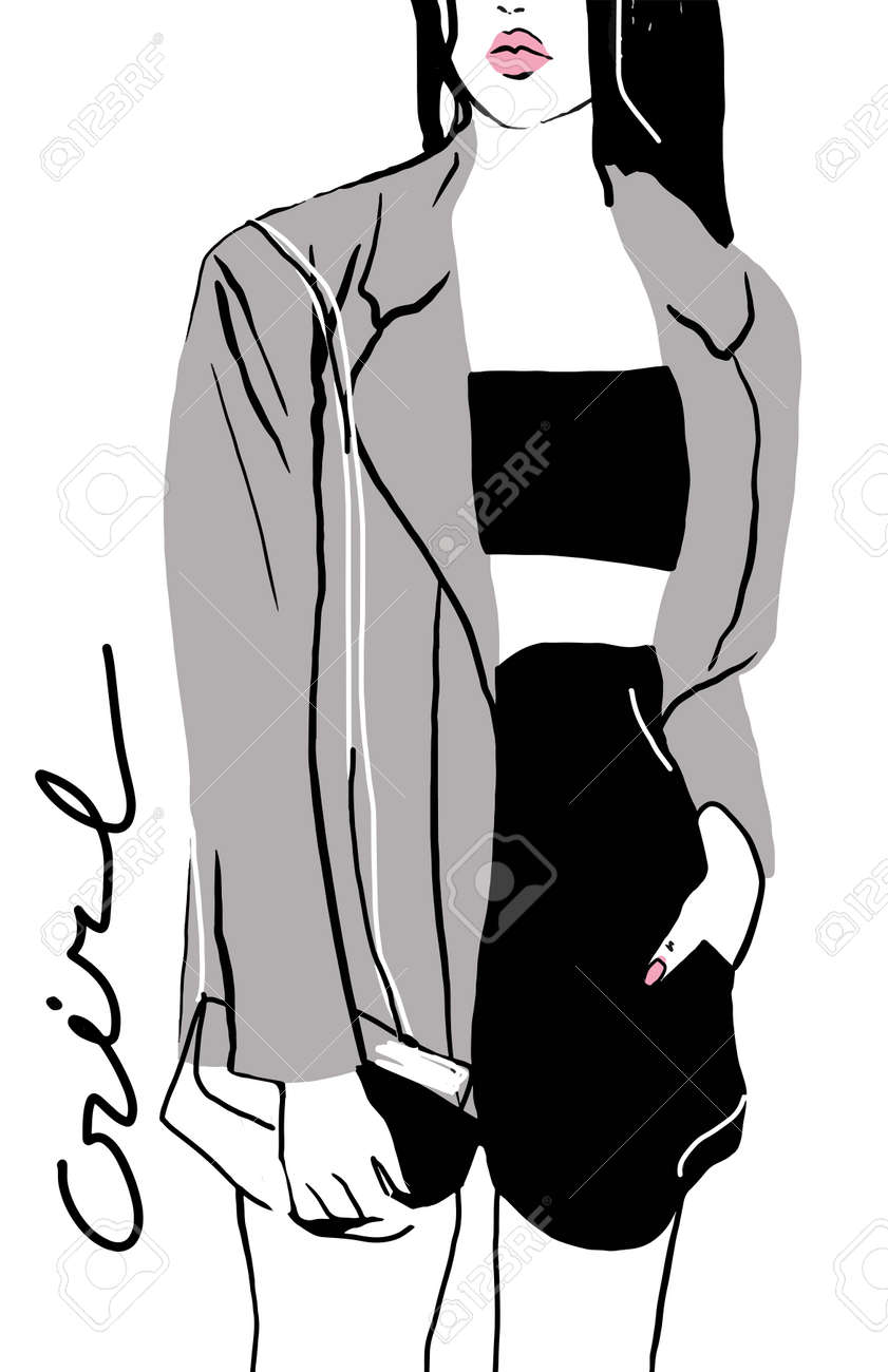 Vector crop illustration of young fashion girl in trendy look. Fashion illustration. Perfect for t shirt print, poster, cover, postcard - 154727943 Vector crop illustration of young fashion girl in trendy look. Fashion illustration. Perfect for t shirt print, poster, cover, postcard - 154727943