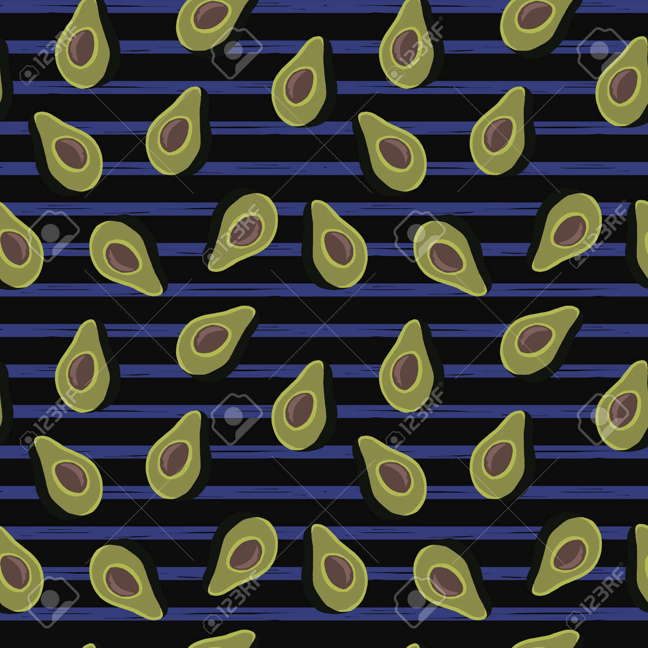 seamless pattern of half avocado on black background and blue stripes.Perfect for textile. - 154727956 seamless pattern of half avocado on black background and blue stripes.Perfect for textile. - 154727956