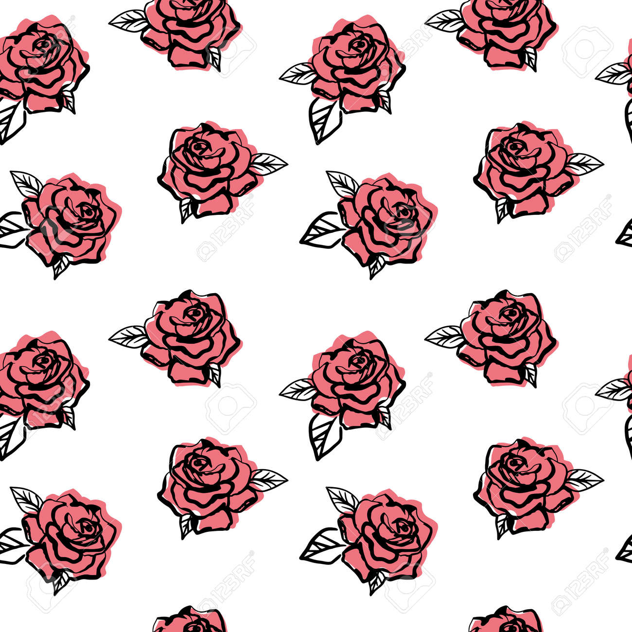 Simple roses pattern on white background. Line art flower back drop. Perfect for textile. - 154728213 Simple roses pattern on white background. Line art flower back drop. Perfect for textile. - 154728213