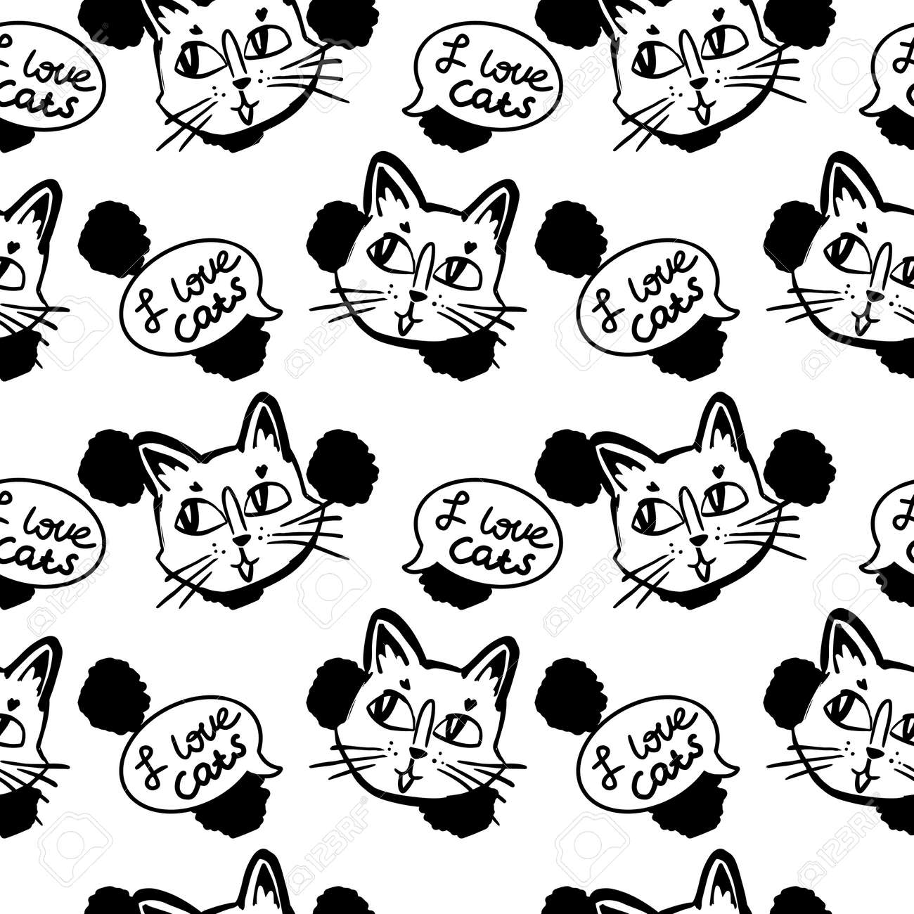 cat vector seamless in black and white colors.Wallpaper background with cartoon kitty muzzles with bubble speach on dotted background in black and white colors. - 154728220 cat vector seamless in black and white colors.Wallpaper background with cartoon kitty muzzles with bubble speach on dotted background in black and white colors. - 154728220