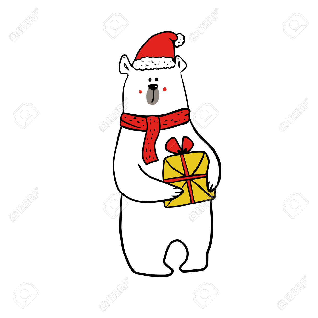 cute funy white bear in christmas outfit of santa claus with present. - 158515802 cute funy white bear in christmas outfit of santa claus with present. - 158515802