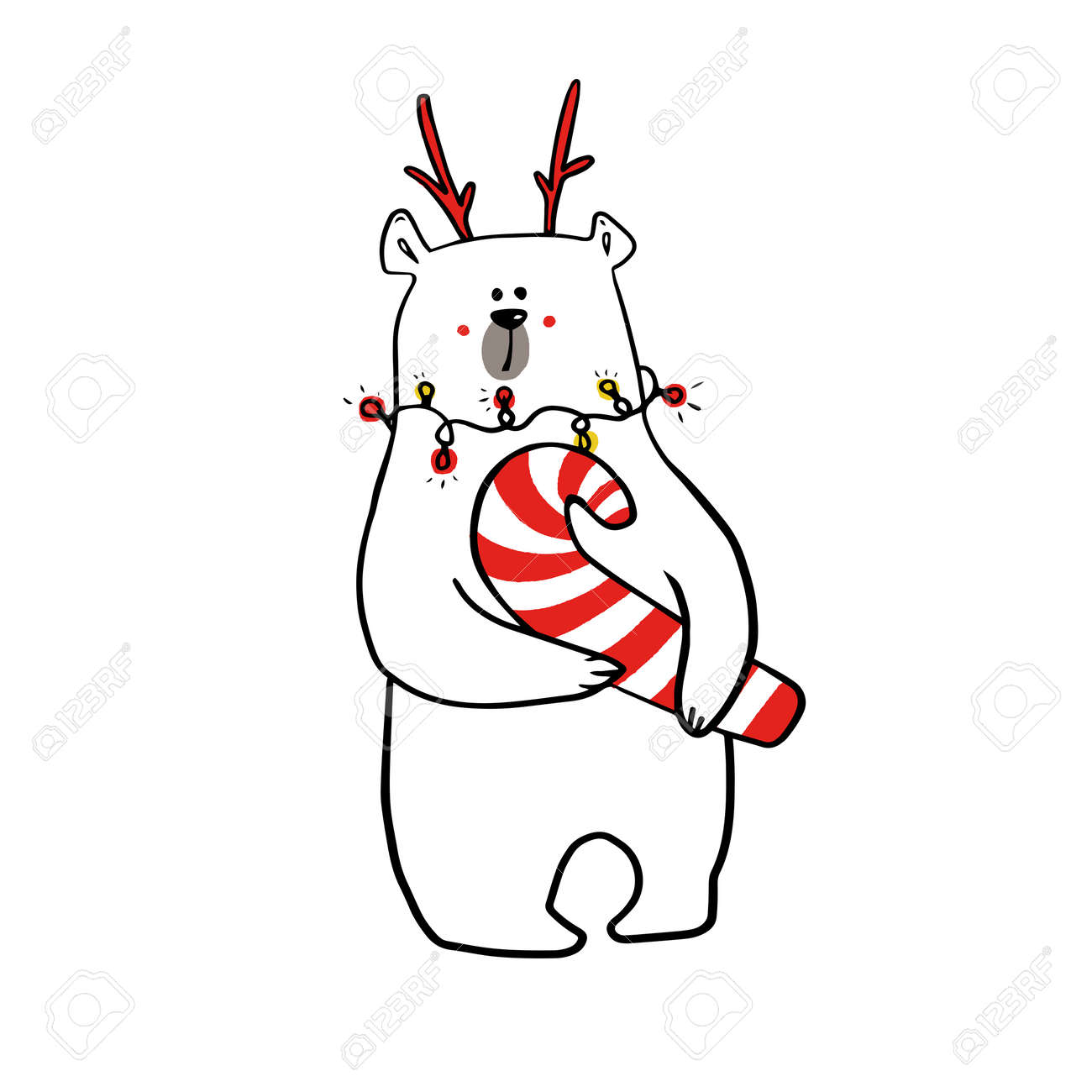 cute funy white bear in christmas outfit with christmas candy. - 158516234 cute funy white bear in christmas outfit with christmas candy. - 158516234