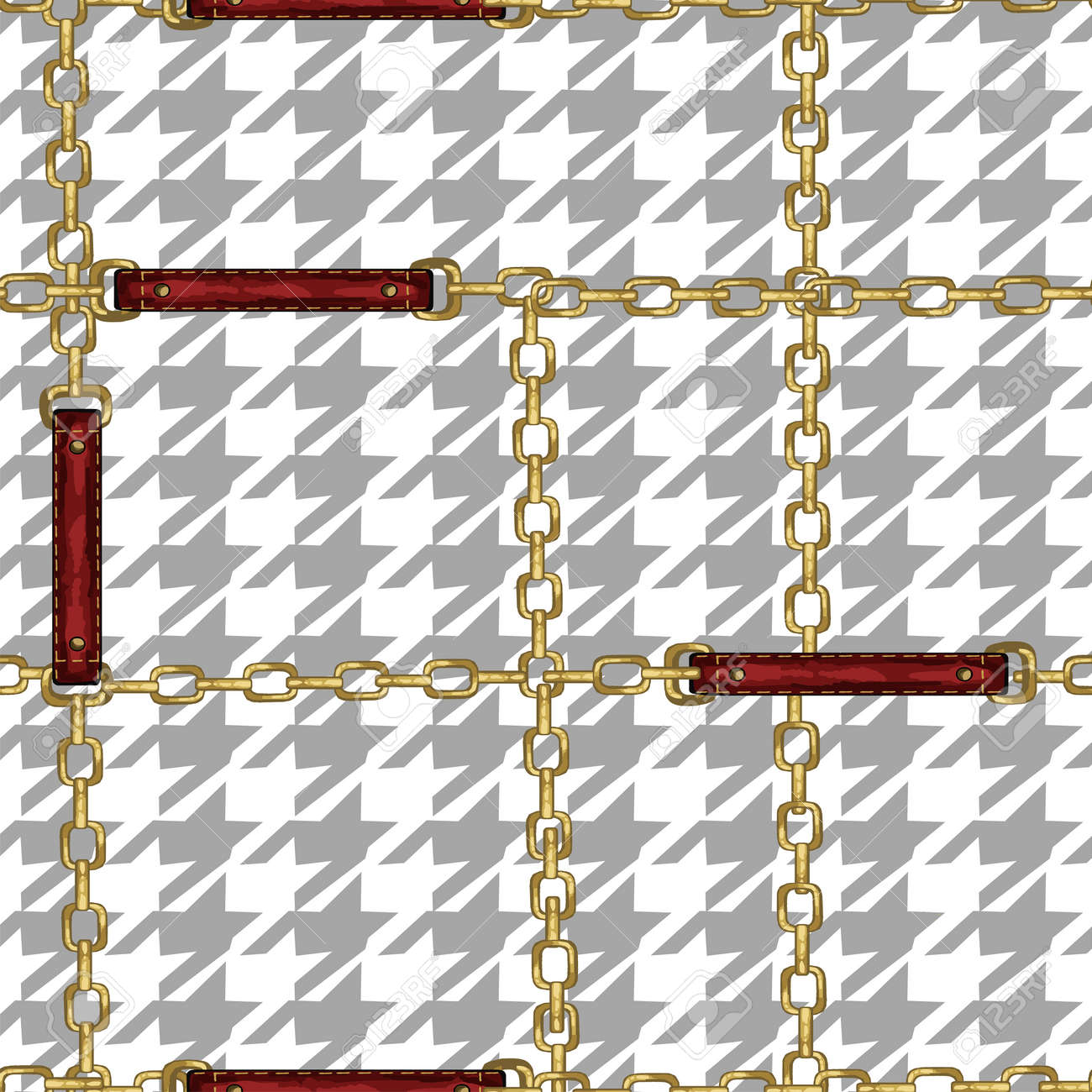 Pattern with gold chains pie de poul and red leather belts. Vintage seamless wallpaper. Perfect for textile - 158589900 Pattern with gold chains pie de poul and red leather belts. Vintage seamless wallpaper. Perfect for textile - 158589900