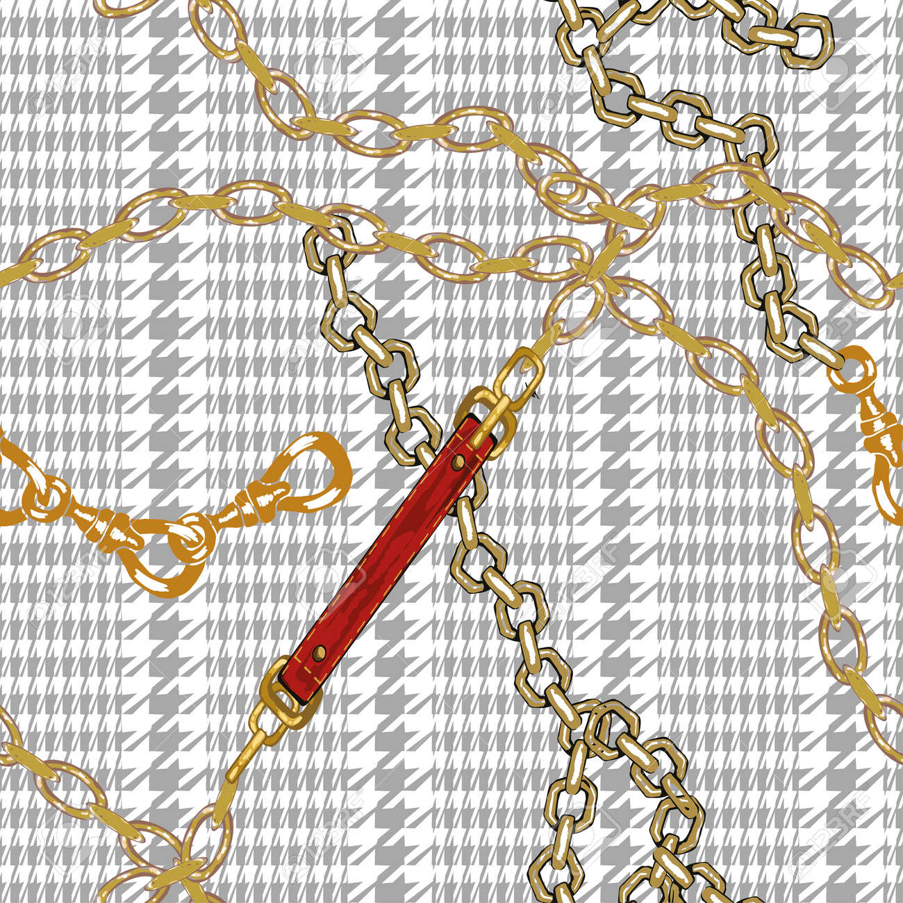 Pattern with gold chains pie de poul and red leather belts. Vintage seamless wallpaper. Perfect for textile - 158589901 Pattern with gold chains pie de poul and red leather belts. Vintage seamless wallpaper. Perfect for textile - 158589901