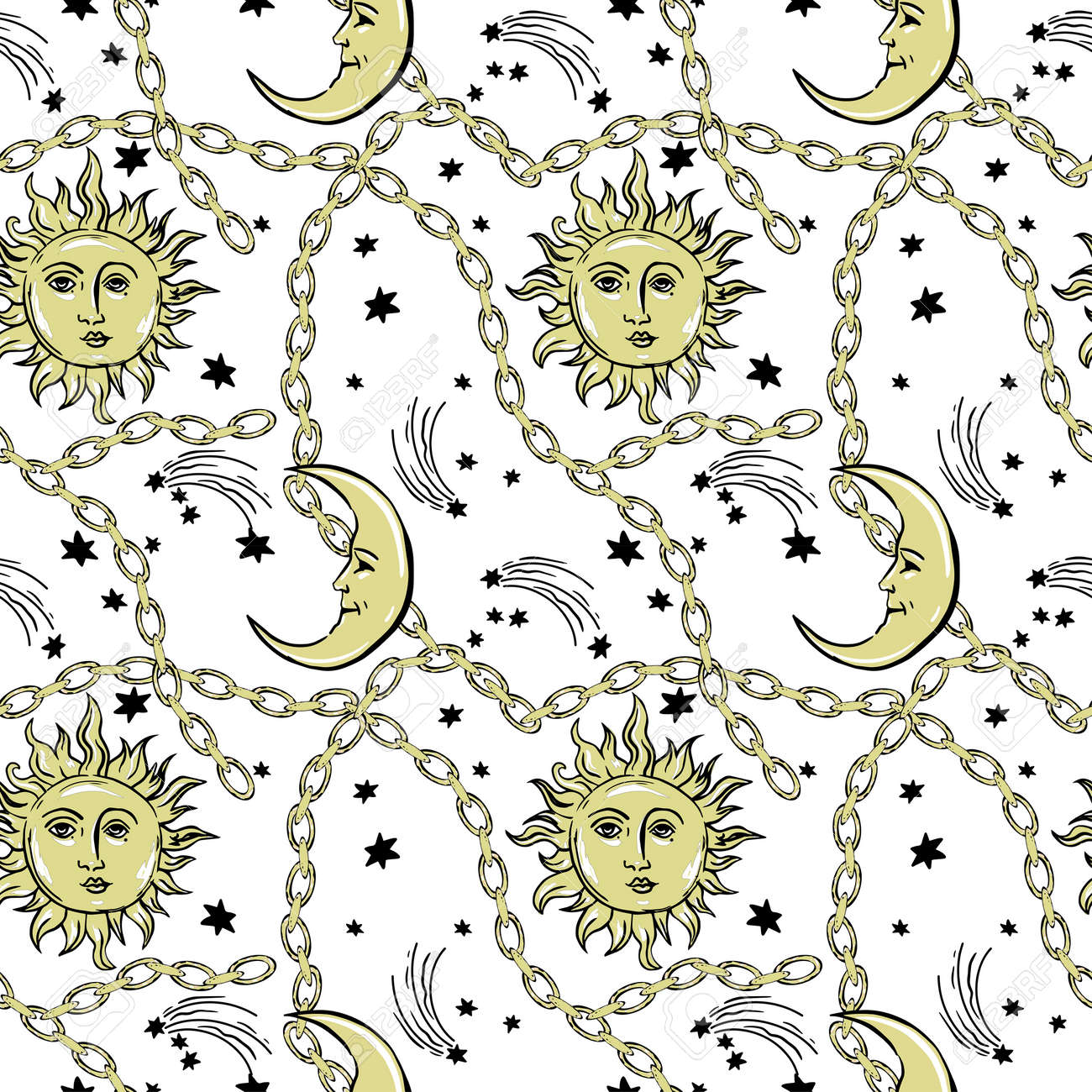 pattern with sun and moon on night sky with gold chains. - 158589902 pattern with sun and moon on night sky with gold chains. - 158589902