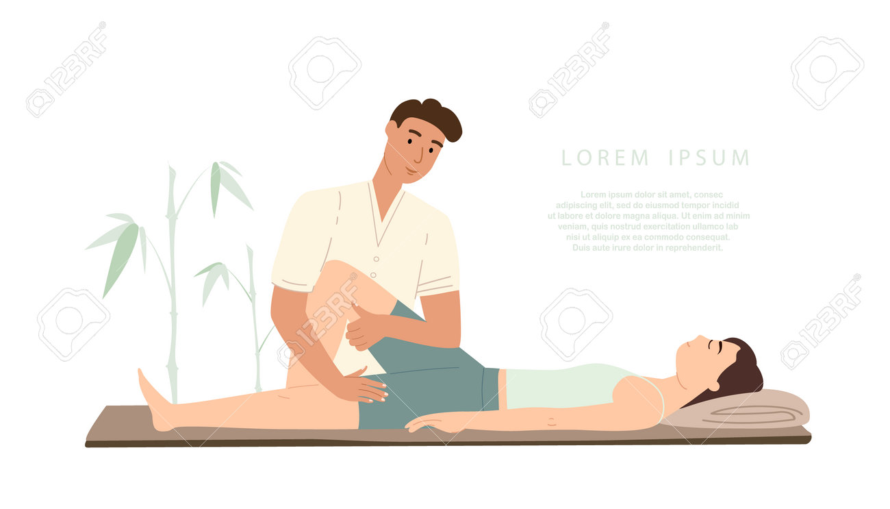 Male chiropractor making rehabilitation massage of legs to female patient vector flat illustration. Doctor or osteopath practicing alternative medical treatment physiotherapy work with client isolated - 167593887 Male chiropractor making rehabilitation massage of legs to female patient vector flat illustration. Doctor or osteopath practicing alternative medical treatment physiotherapy work with client isolated - 167593887