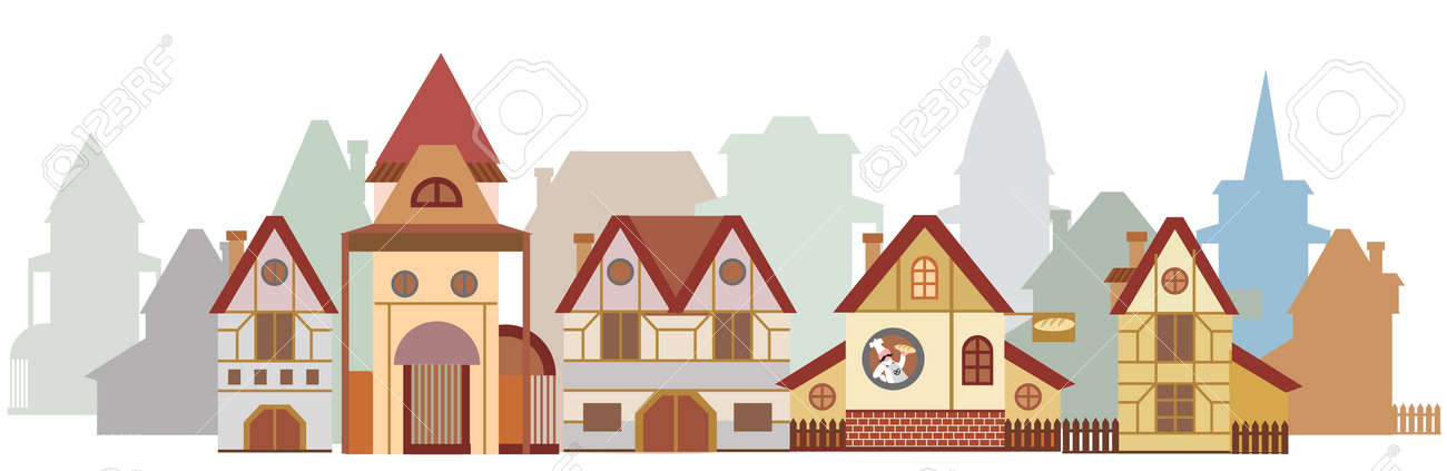 白い背景に分離されたヨーロッパ スタイルのカラフルな漫画家のパノラマ のイラスト素材 ベクタ Image