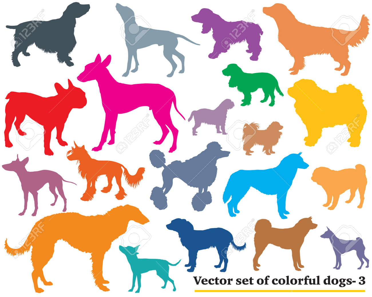 白地にカラフルな孤立したさまざまな品種犬シルエットのベクトルを設定します その 3 のイラスト素材 ベクタ Image