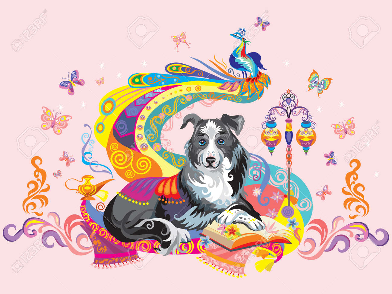 ピンクのイラストに隔離された犬 ボーダーコリー とのカラフルなイメージ のイラスト素材 ベクタ Image